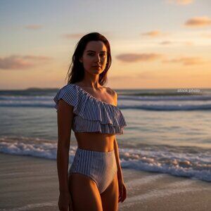 Women’s 2-piece One-shoulder Doubled Ruffled Black & White pinstripe bikini NEW